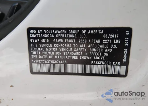 2017 Volkswagen Passat 1.8T Sel Premium из США, поврежденный, VIN 1VWCT7A37HC074416